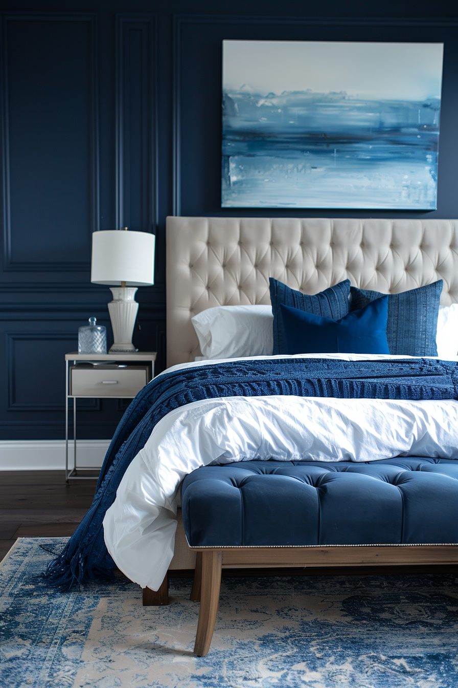 Modern  Bedroom with Upholstered Bed and Blue Paneled Walls